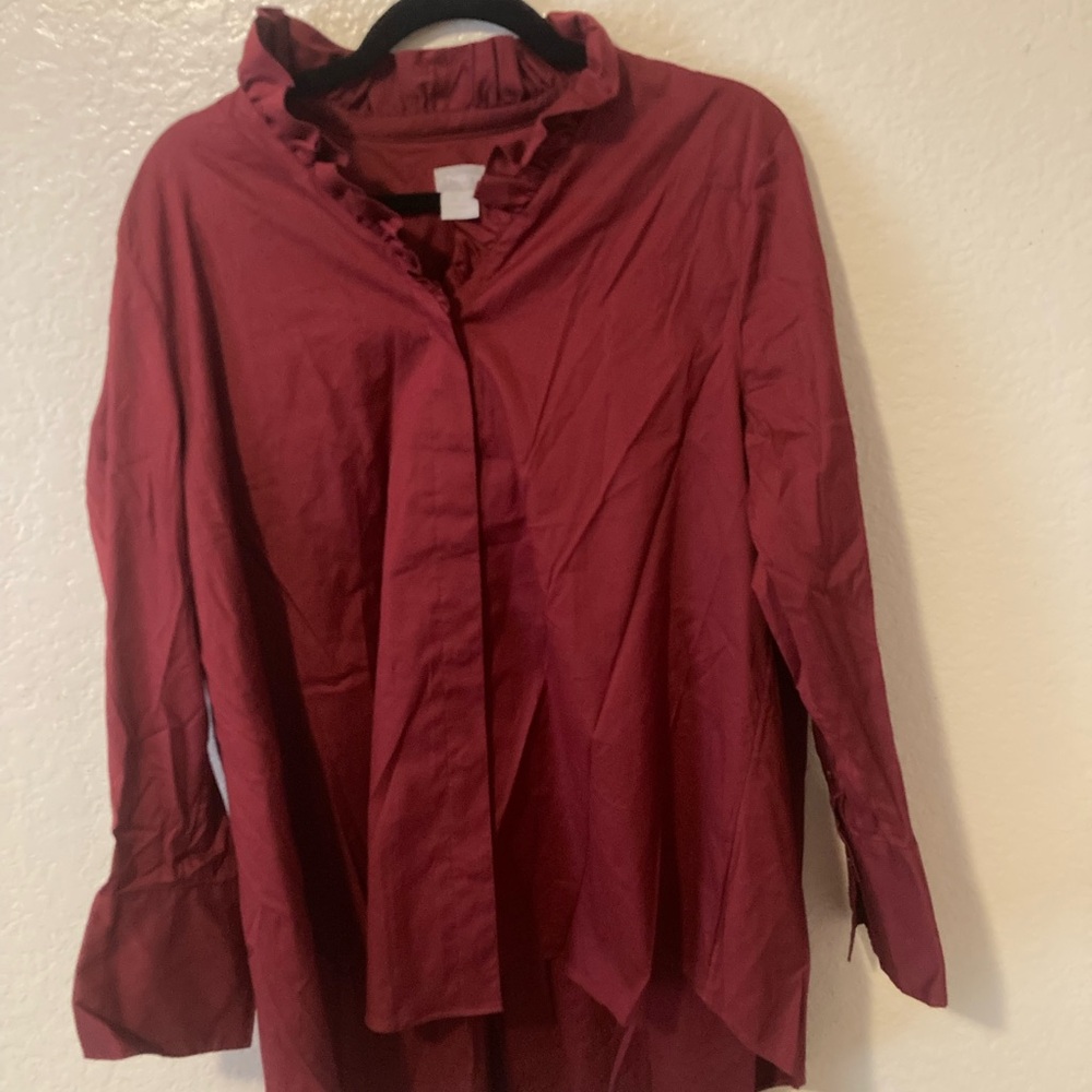 Chico's Burgundy Ruffled Button Down Shirt size large